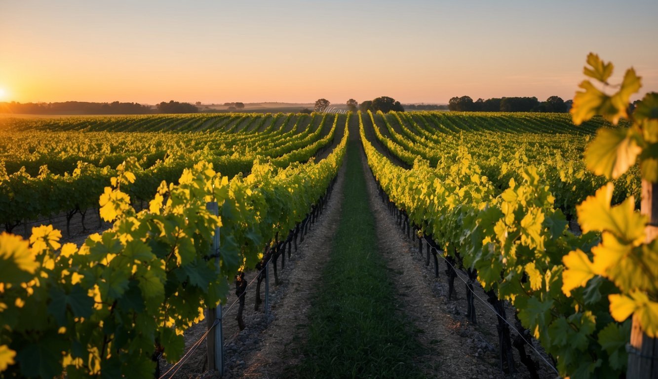 A serene vineyard at sunset, with rows of grapevines stretching into the distance, and a warm, golden light enveloping the scene