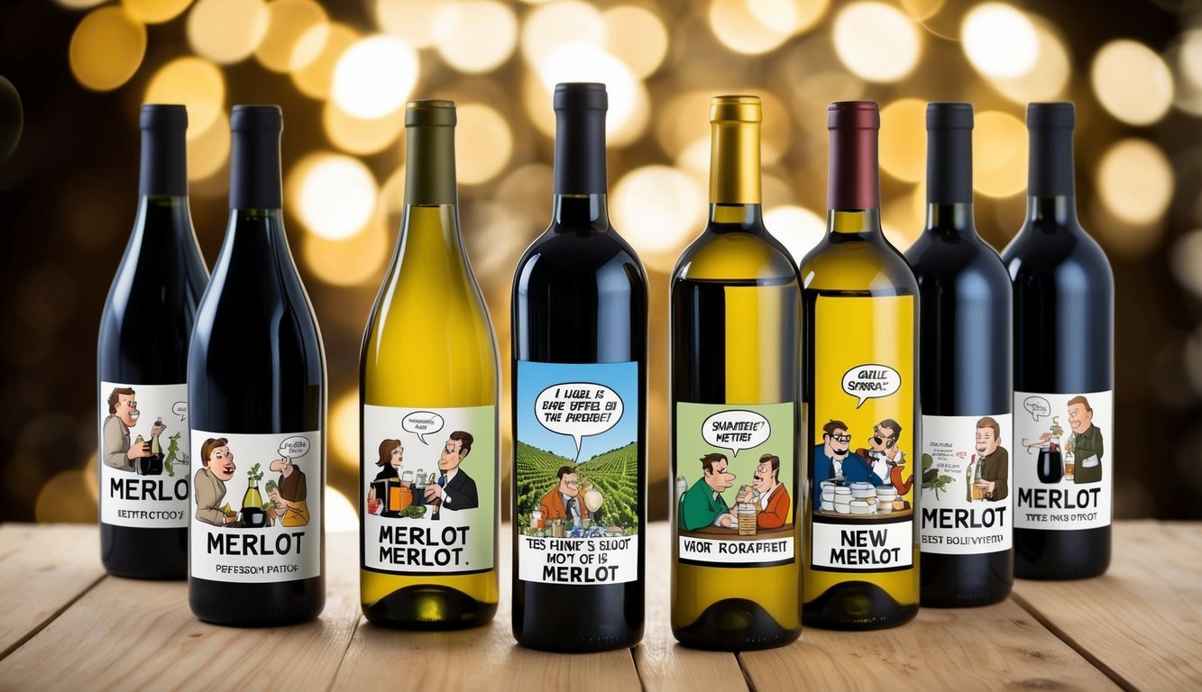 A group of wine bottles with comical labels, each depicting a different humorous scene or phrase related to the enjoyment of Merlot