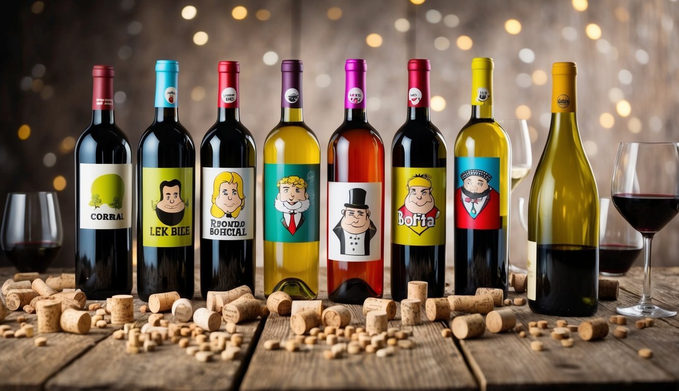 A collection of colorful wine bottles with comical labels arranged on a rustic wooden table, surrounded by scattered corks and wine glasses