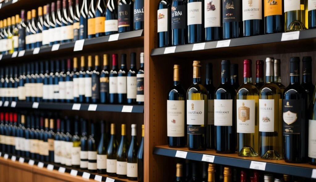 Wine bottles on shelves in a liquor store