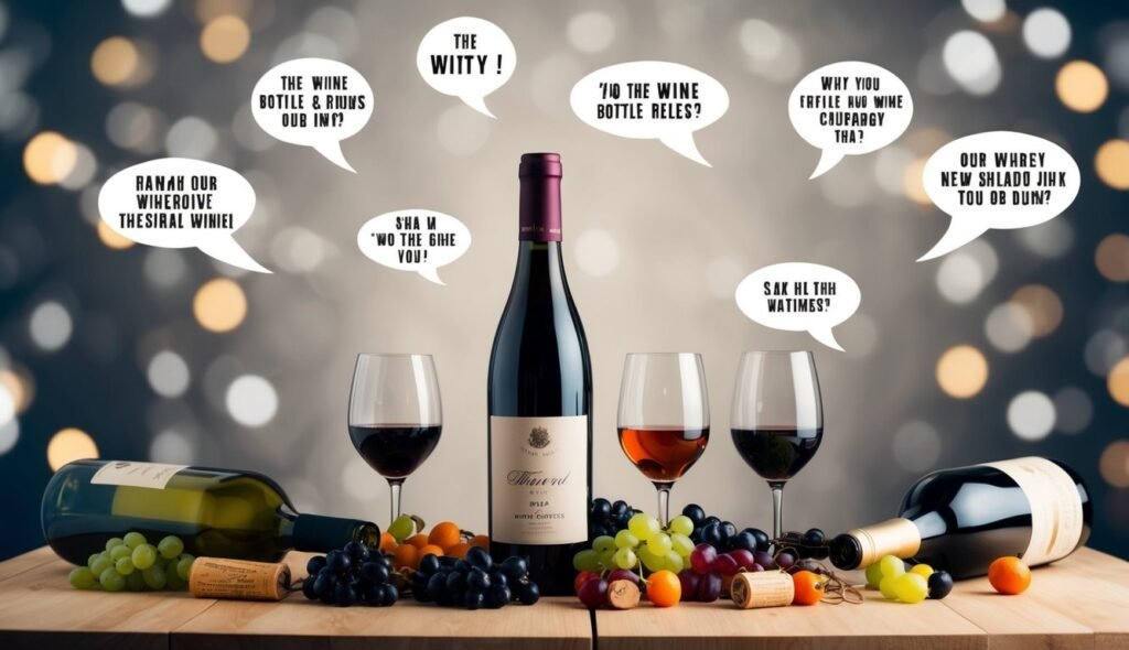 Wine bottles, glasses, grapes, and speech bubbles with humorous, nonsensical text