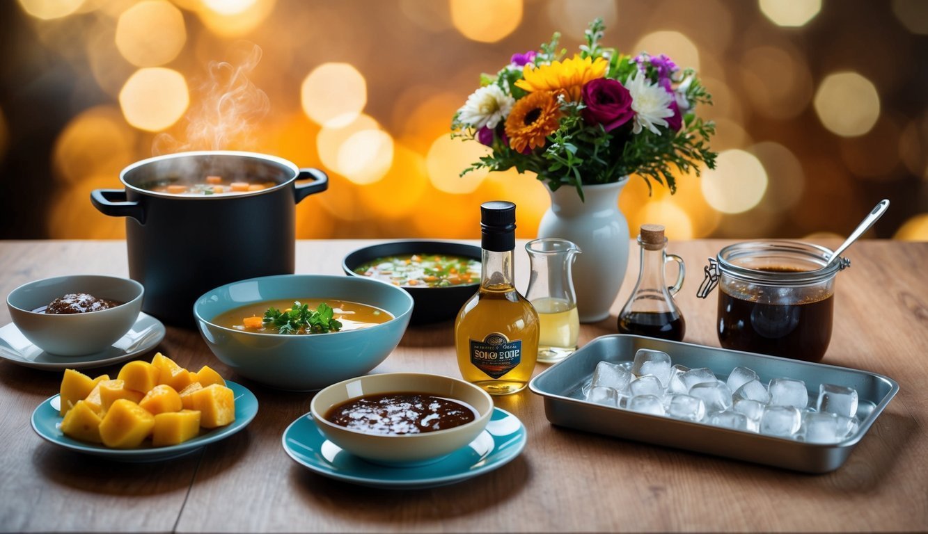 A table set with soup, vegetables, condiments, ice, and a flower arrangement