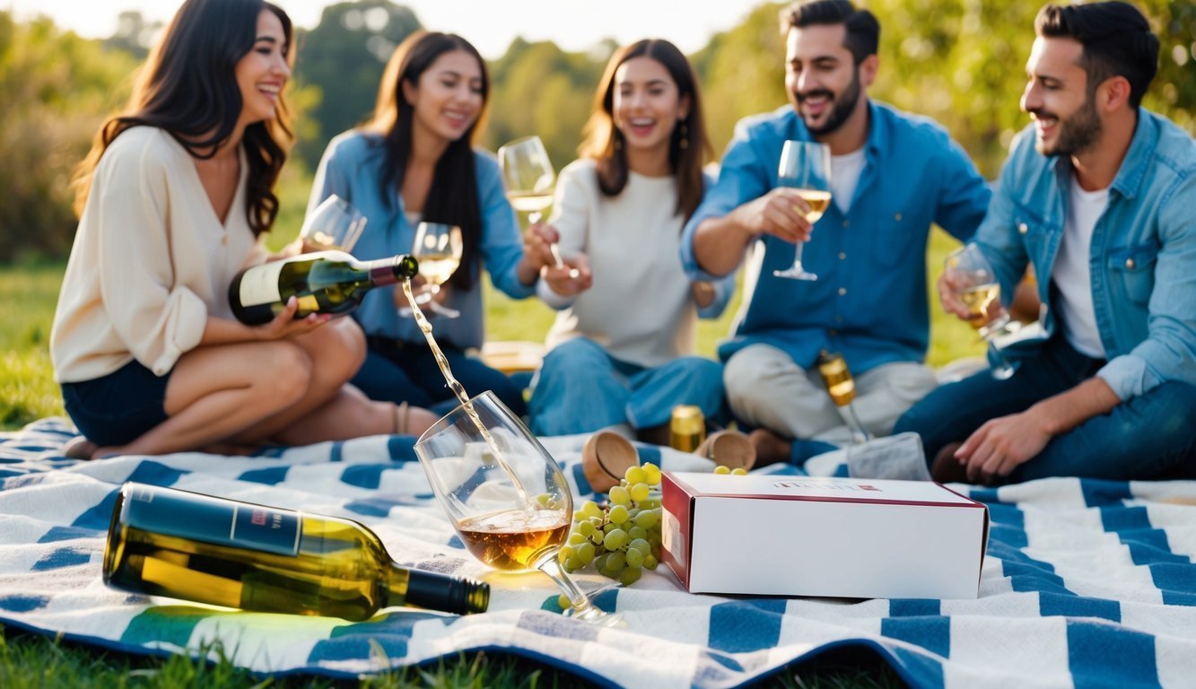 Group of friends enjoying a picnic with wine and snacks on a blanket