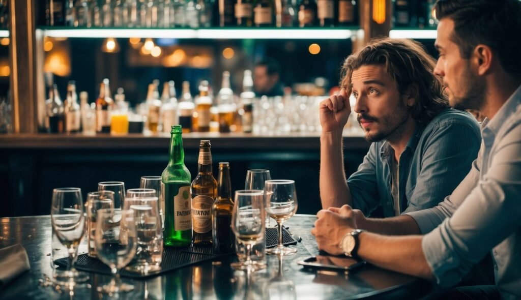 Two men at a bar, drinks and glasses on the table