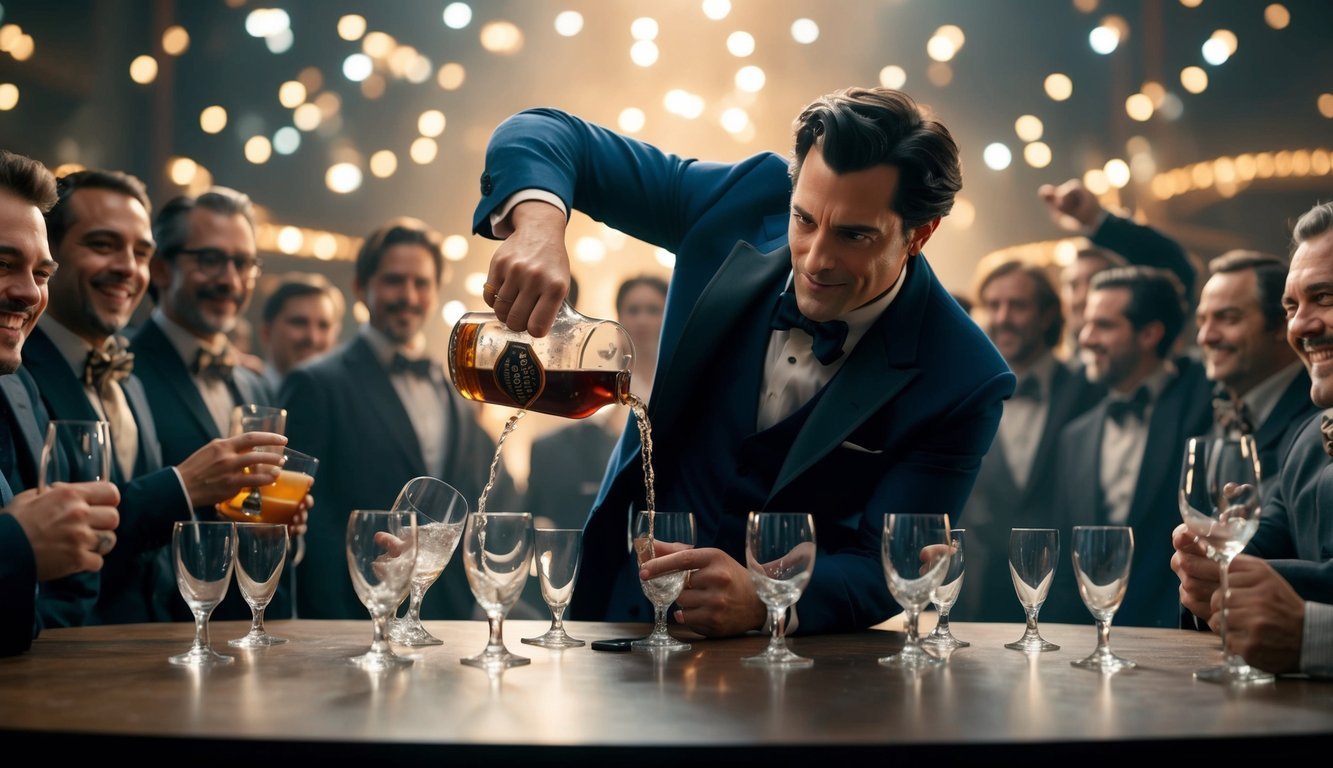 A character defiantly pours another drink, surrounded by empty glasses and a smirking crowd