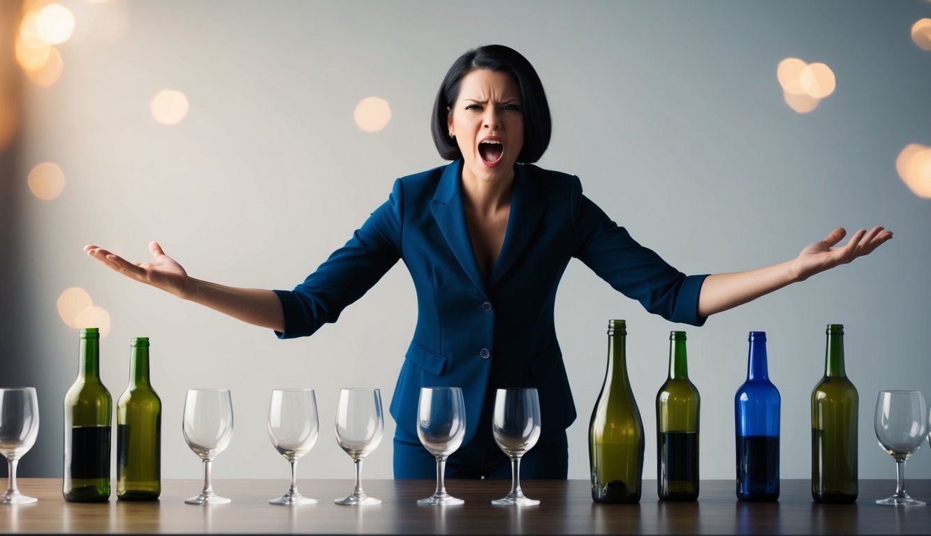 A person standing confidently with a defiant expression, surrounded by empty glasses and bottles, gesturing with exasperation