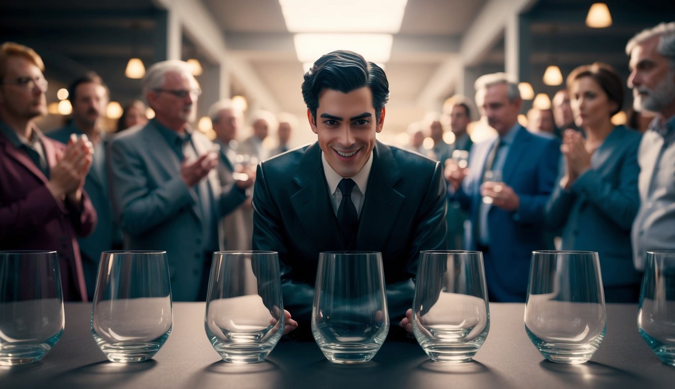 A figure surrounded by empty glasses, smirking at a line of disapproving onlookers