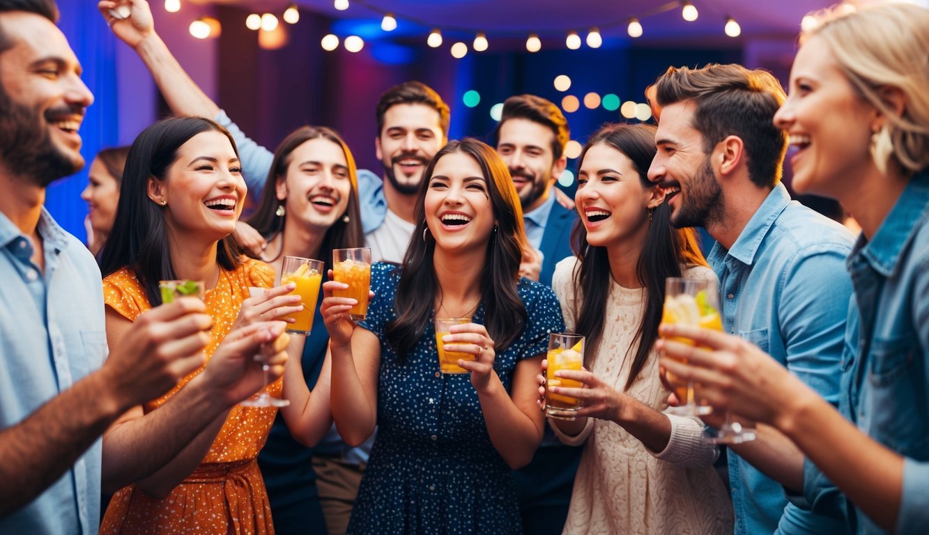 A group of friends at a lively party, laughing and dancing while enjoying snacks and drinks