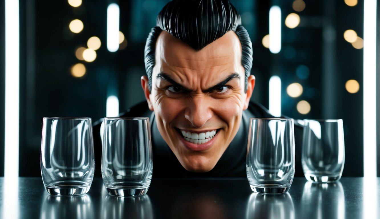 A defiant figure surrounded by empty glasses, with a confident smirk on their face