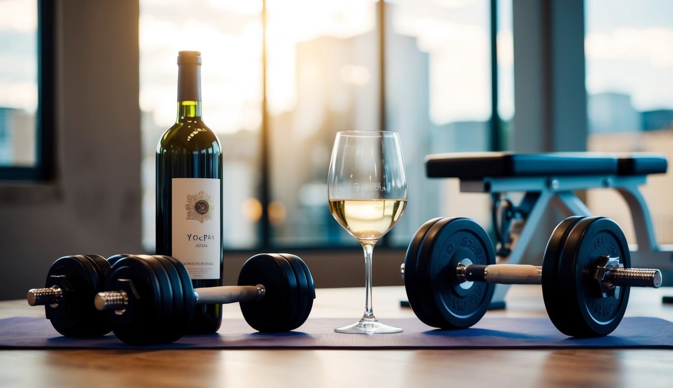 Dumbbells, wine bottle, and glass of wine on a workout mat