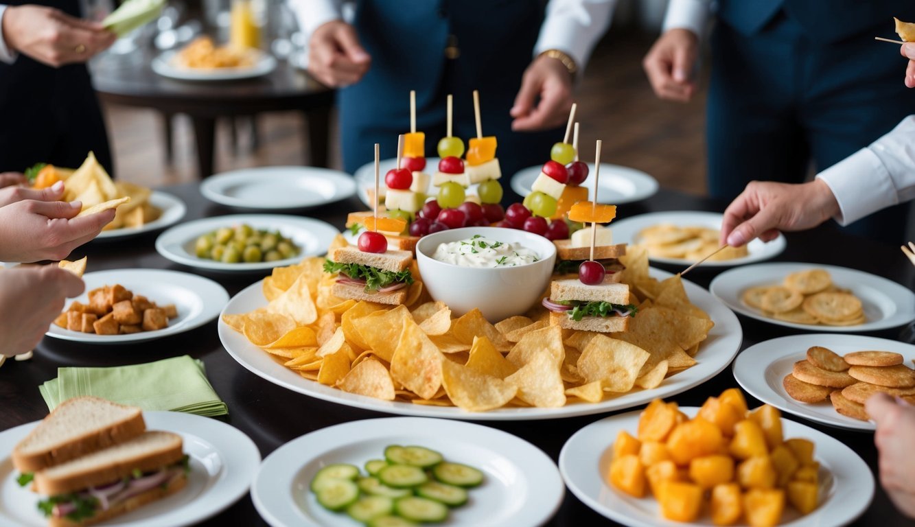 A table overflowing with a variety of finger foods, from chips and dip to mini sandwiches and fruit skewers, surrounded by empty plates and napkins