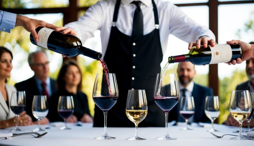 Waiter pouring red and white wine into glasses at a formal dinner
