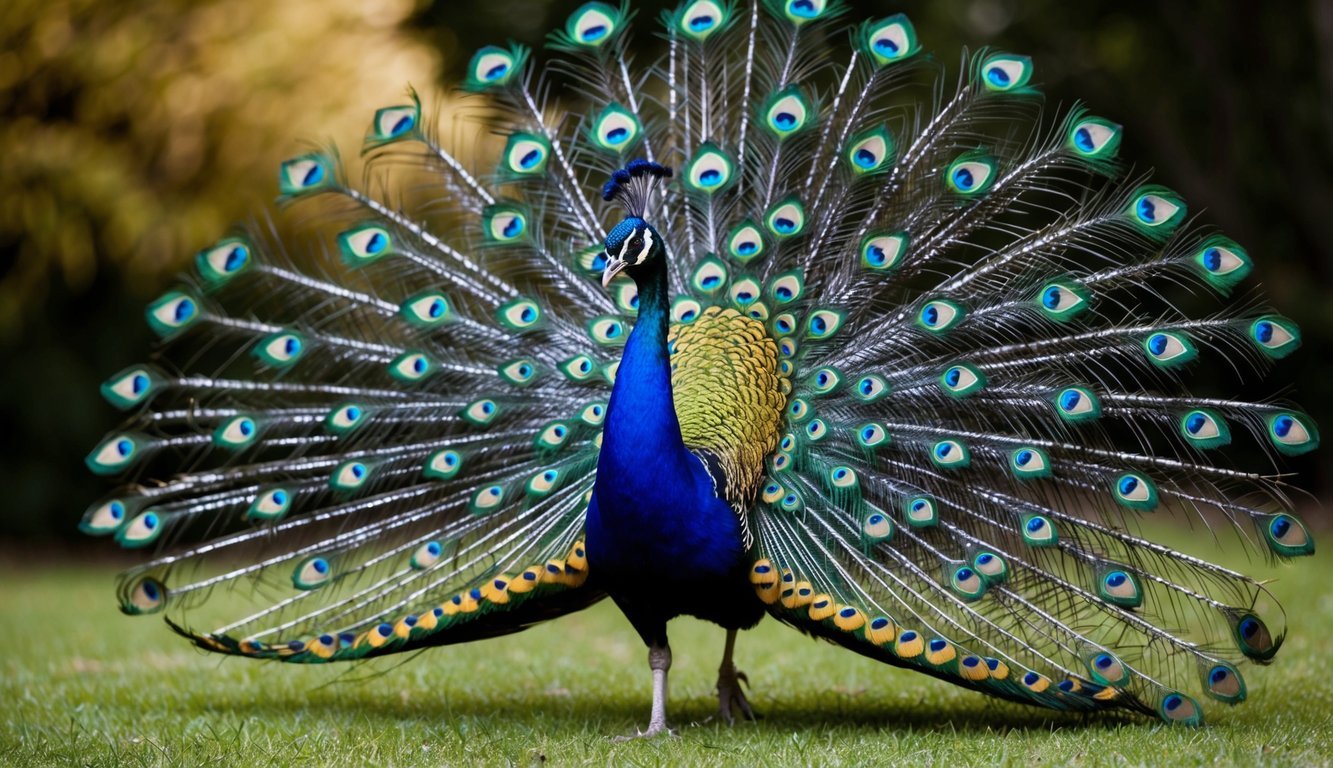 A sassy peacock struts with an exaggerated air of confidence, feathers fanned out in a display of excess and glamour