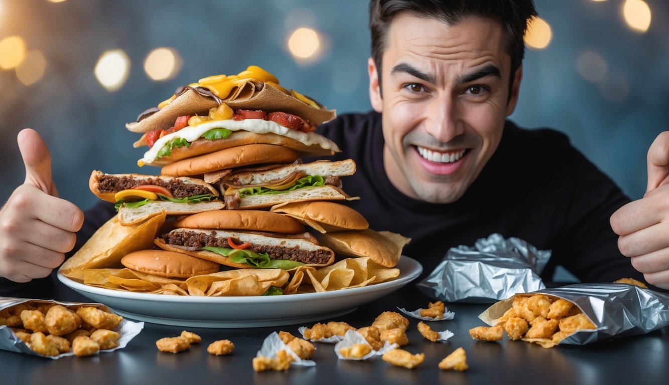 A plate piled high with junk food, surrounded by empty wrappers and a smirking, defiant expression