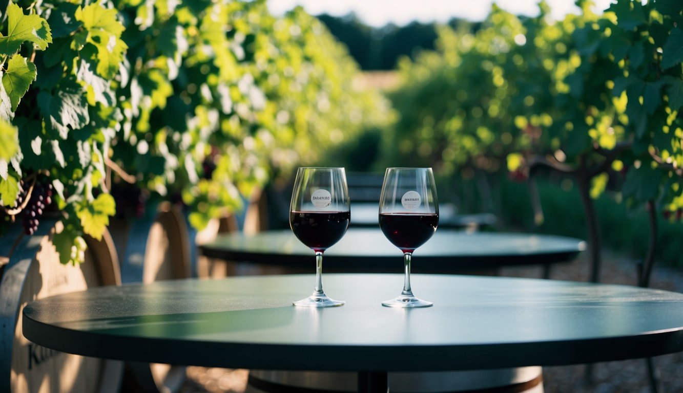 A table with two wine glasses, one filled with cabernet and the other with merlot, surrounded by grape vines and wine barrels