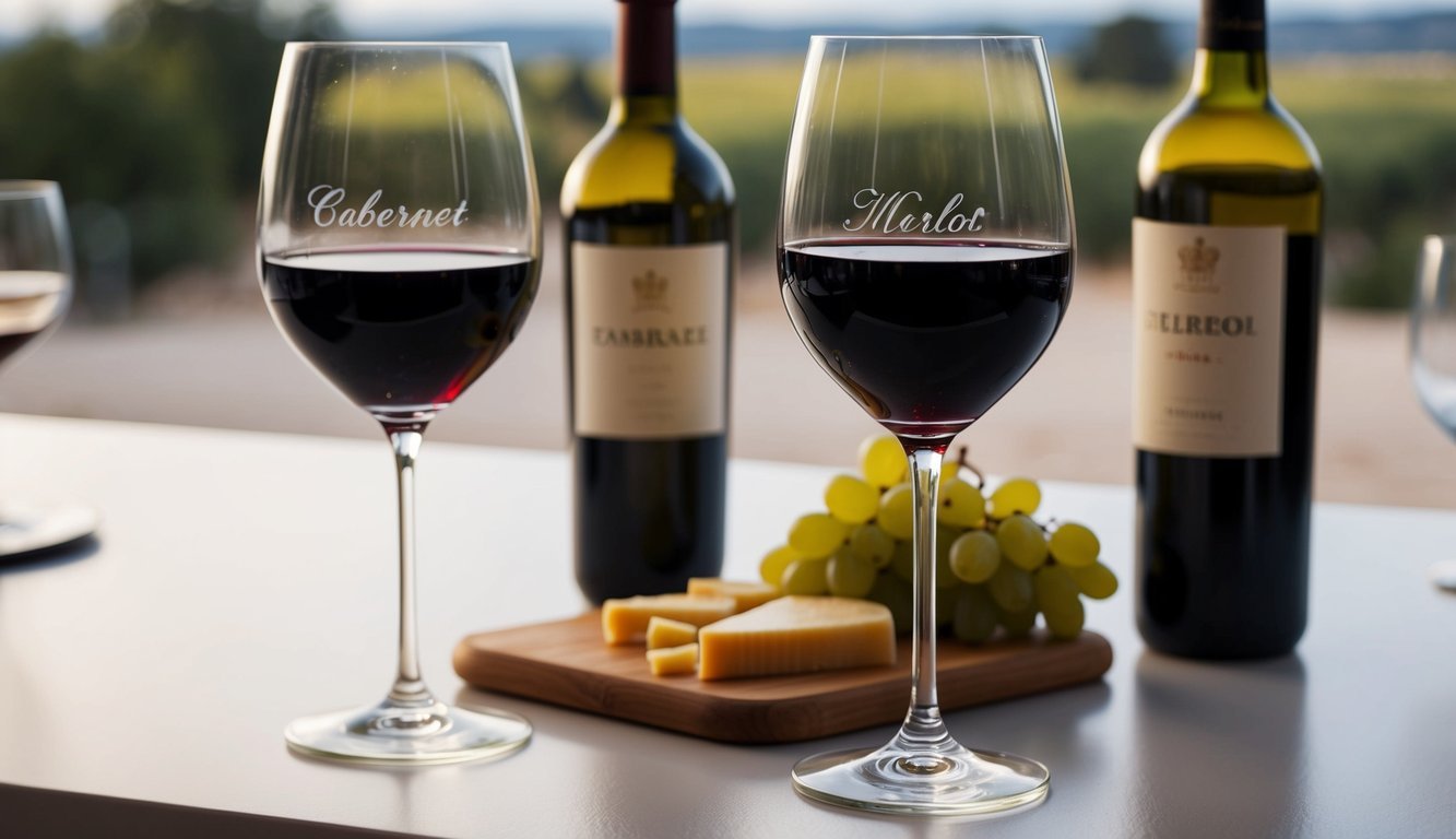 A table with two wine glasses, one filled with cabernet and the other with merlot.</p><p>A wine bottle, grapes, and a cheese board nearby