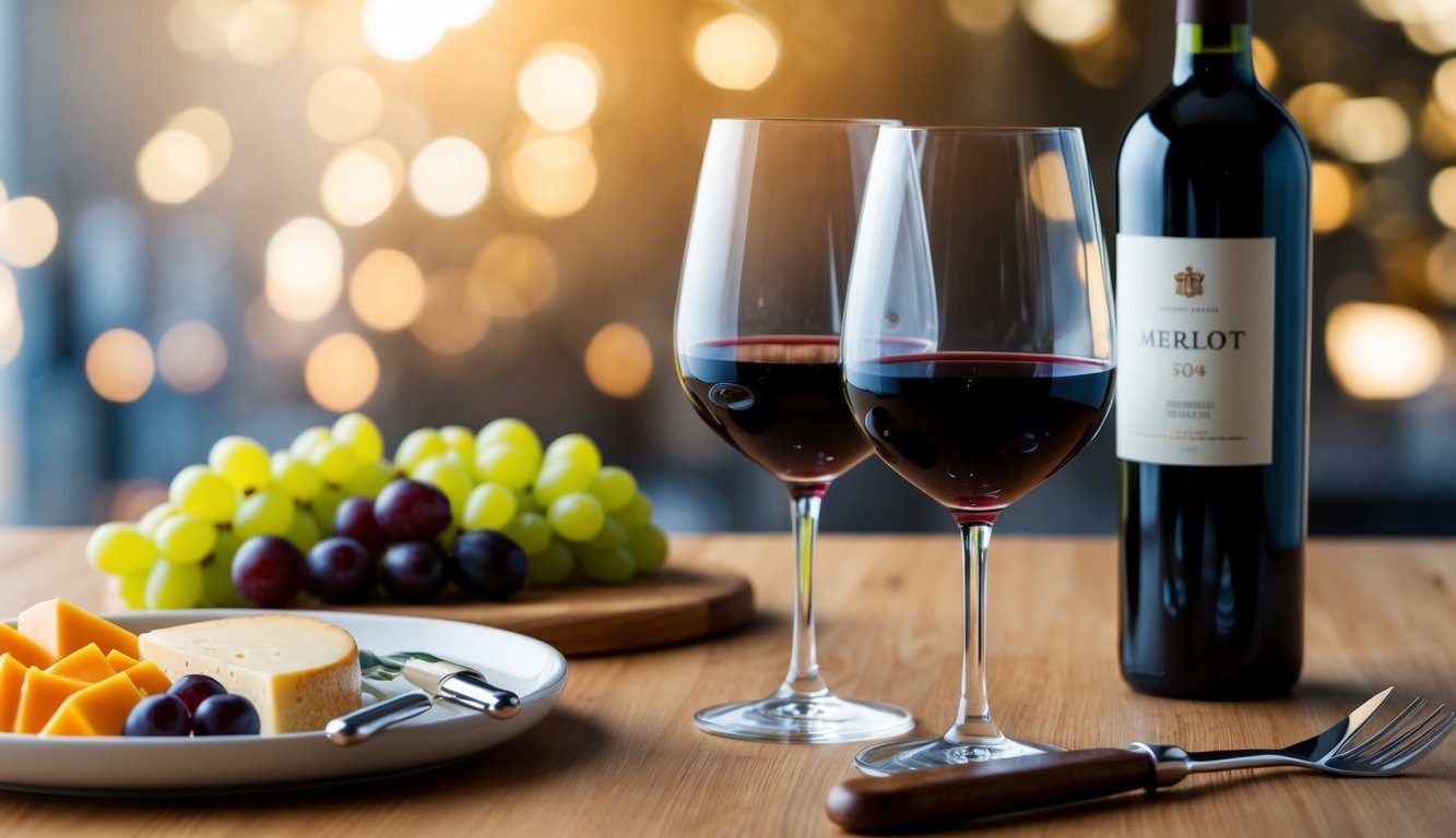 A table set with two glasses of wine, one filled with cabernet and the other with merlot.</p><p>A cheese board and fruit are arranged nearby