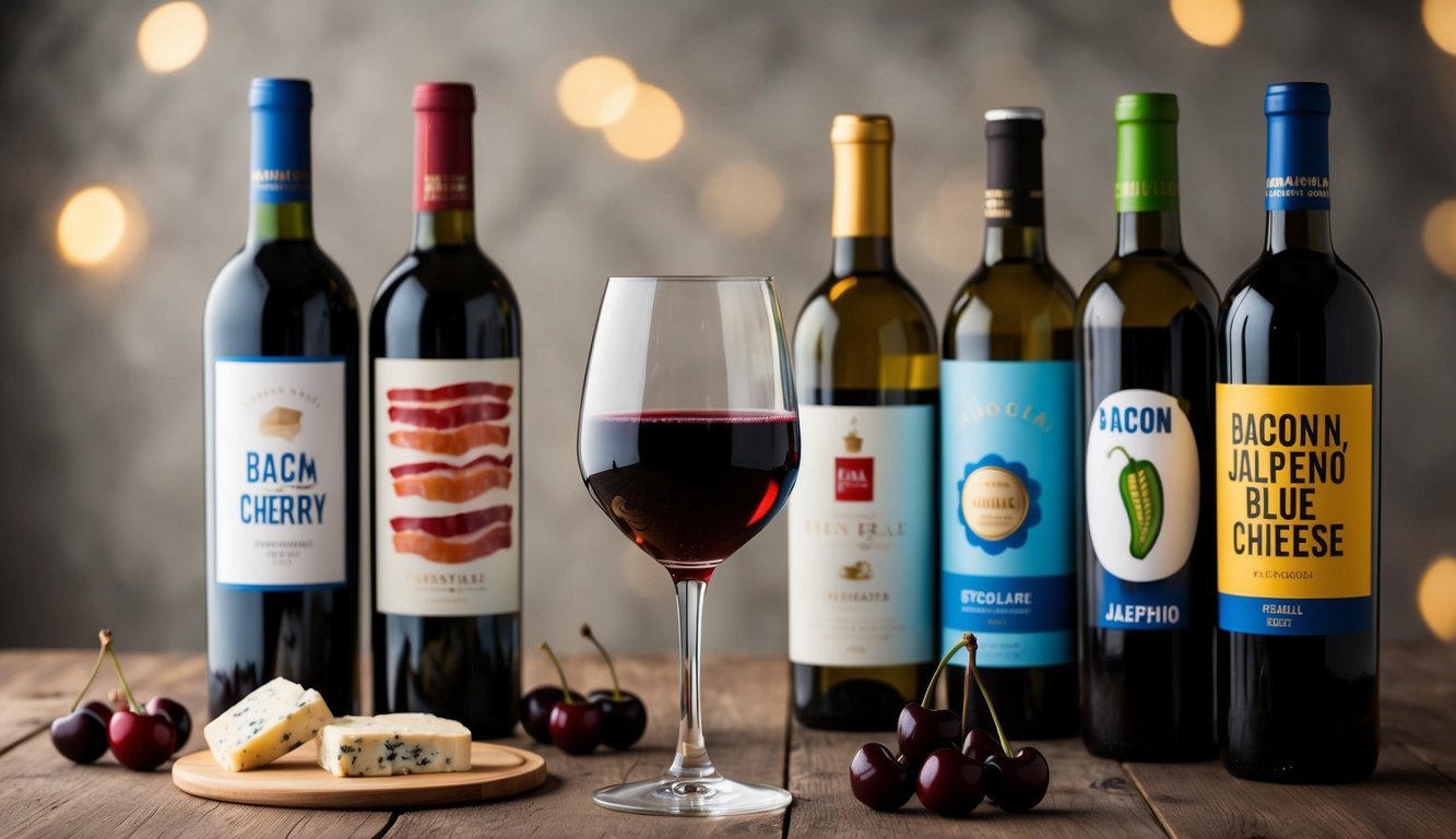 A glass of red wine with chocolate and cherry aromas, surrounded by wine bottles with unusual labels like bacon, jalapeno, and blue cheese