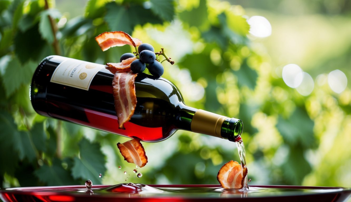 A wine bottle with bacon slices and grapes floating in a deep red liquid