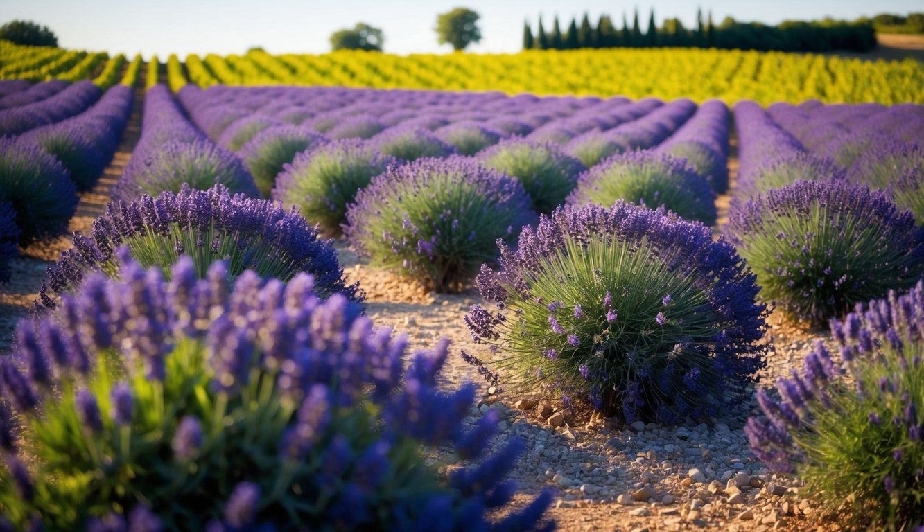 A whimsical vineyard with lavender fields, surrounded by peculiar fruits and flowers, emitting an enchanting aroma