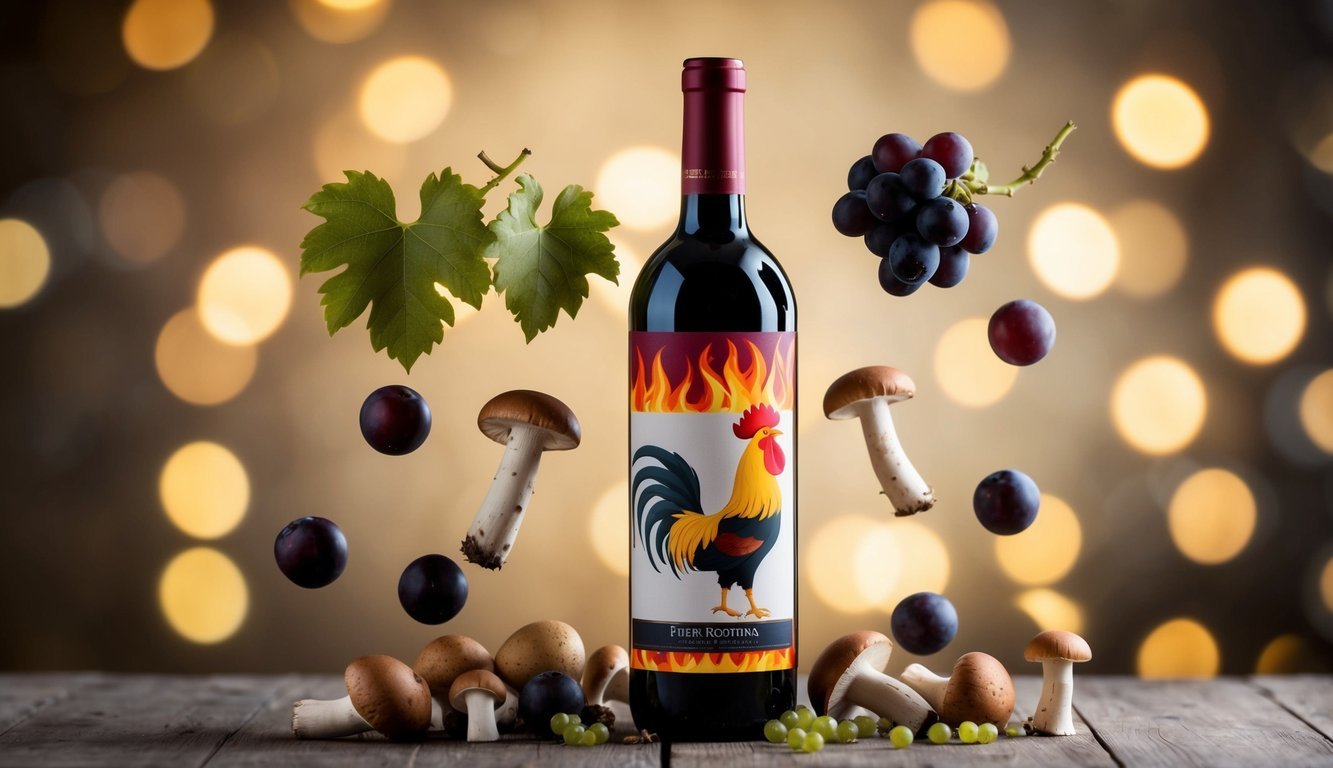 A whimsical wine bottle with a fiery rooster label surrounded by floating grapes, mushrooms, and other unexpected ingredients