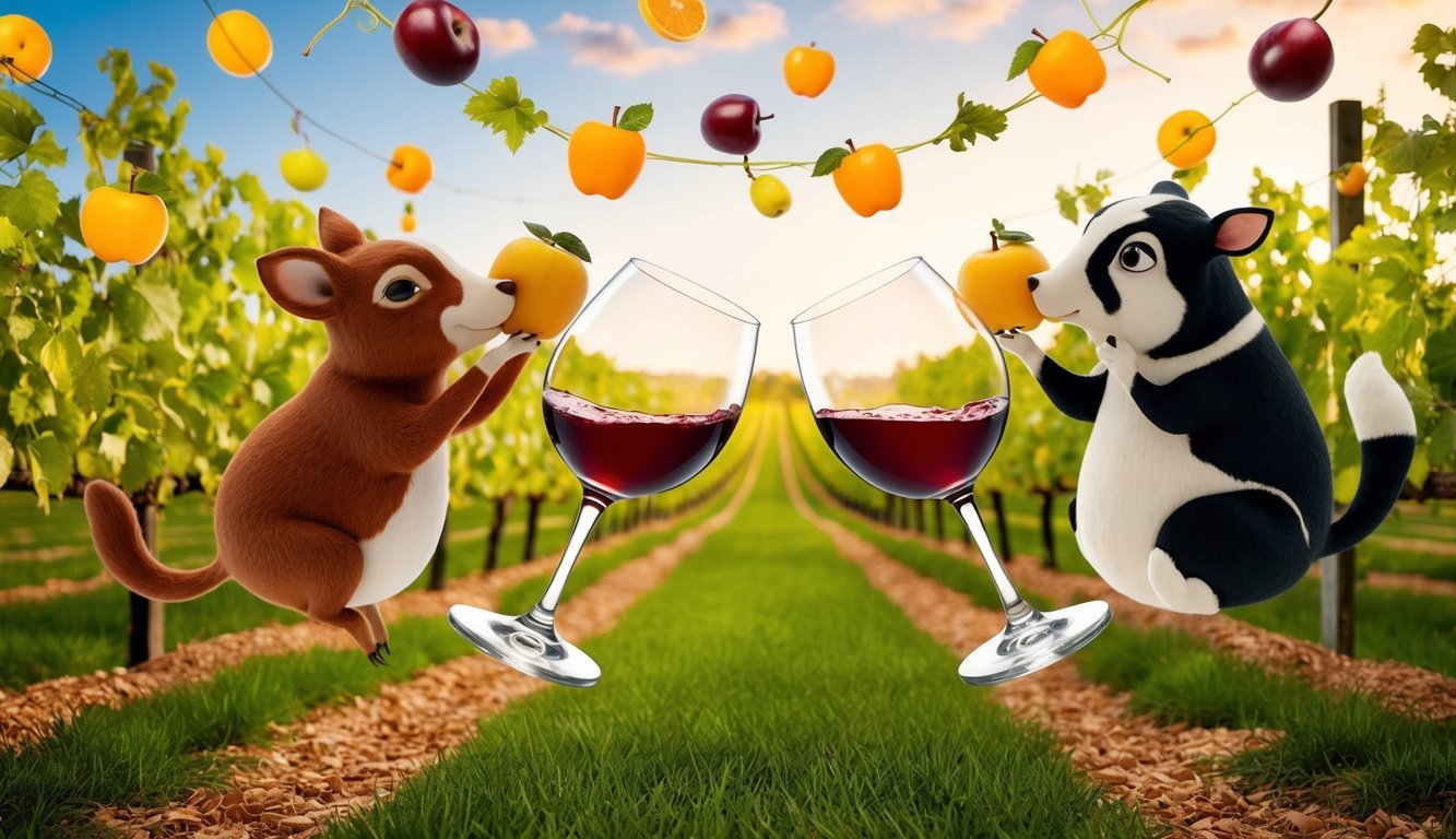 A whimsical vineyard with floating fruit and whimsical animals sipping from giant wine glasses