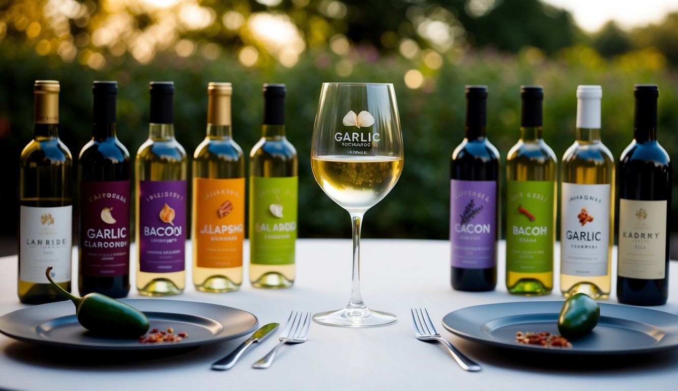 A table set with a glass of garlic chardonnay surrounded by 10 unusual wine flavors like bacon, lavender, and jalapeno