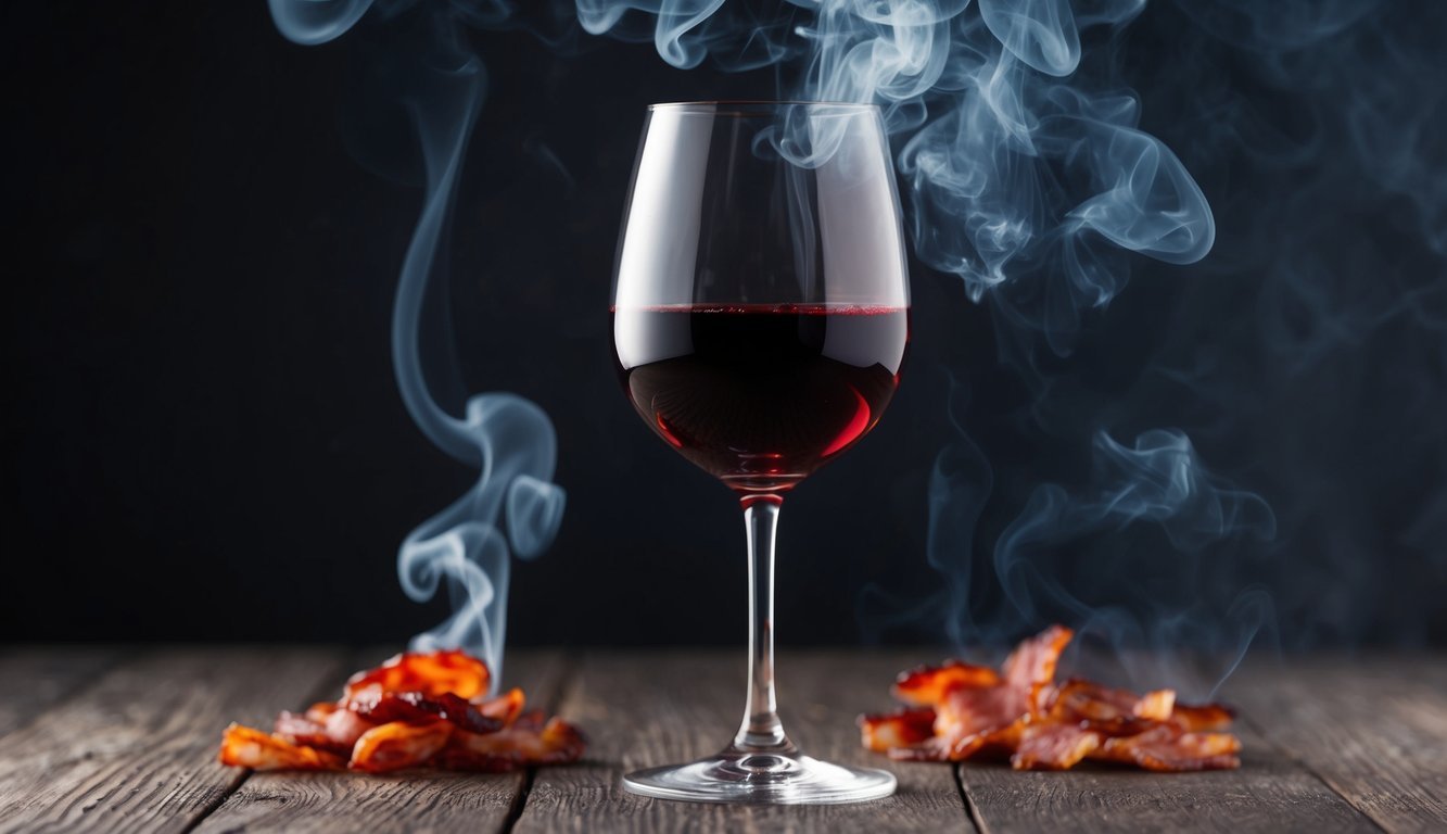 A wine glass filled with deep red liquid, surrounded by swirling smoke and hints of savory flavors like bacon and barbecue