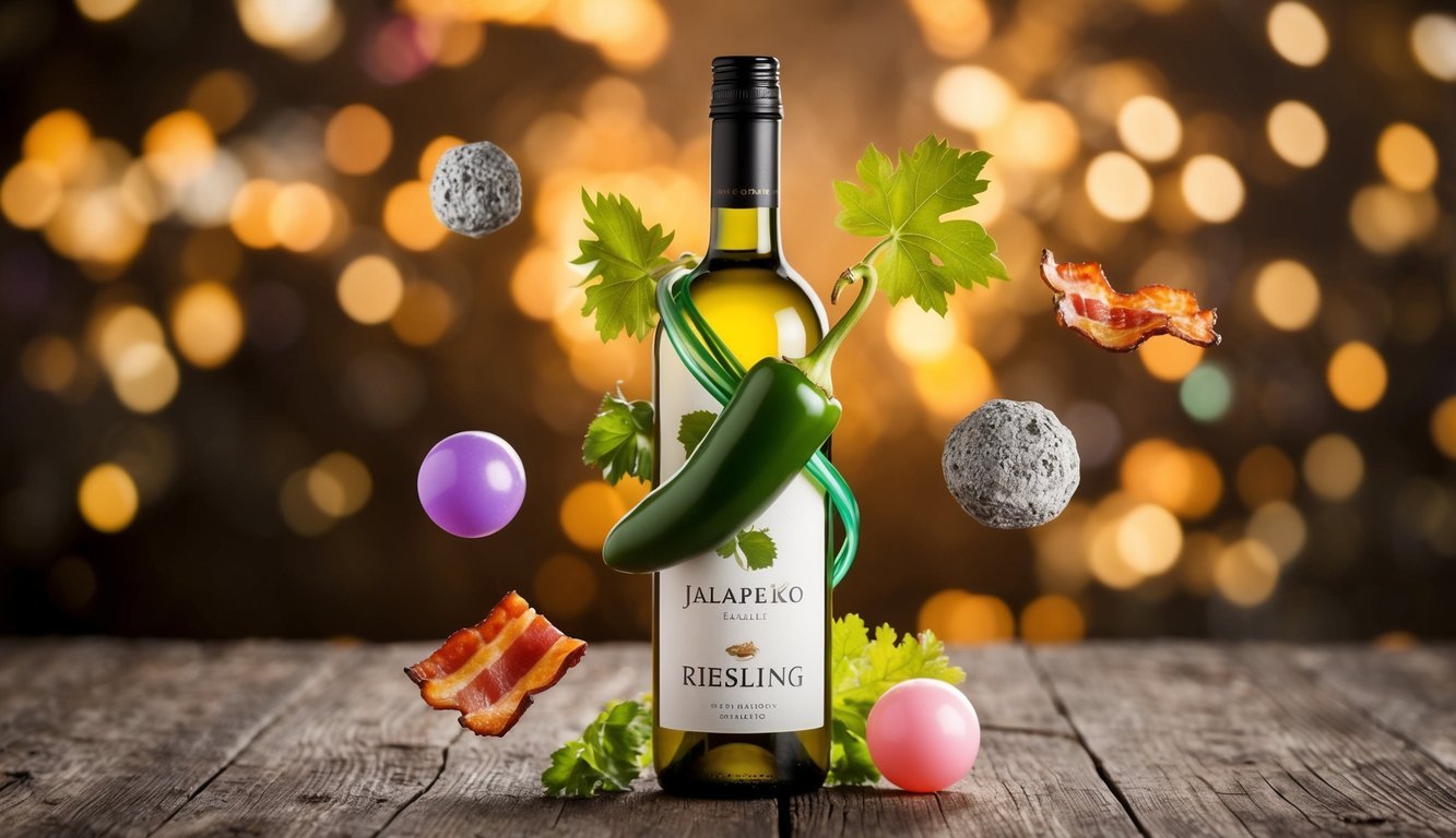 A whimsical wine bottle with a jalapeño and Riesling grape intertwined, surrounded by floating flavor elements such as bacon, bubblegum, and truffle