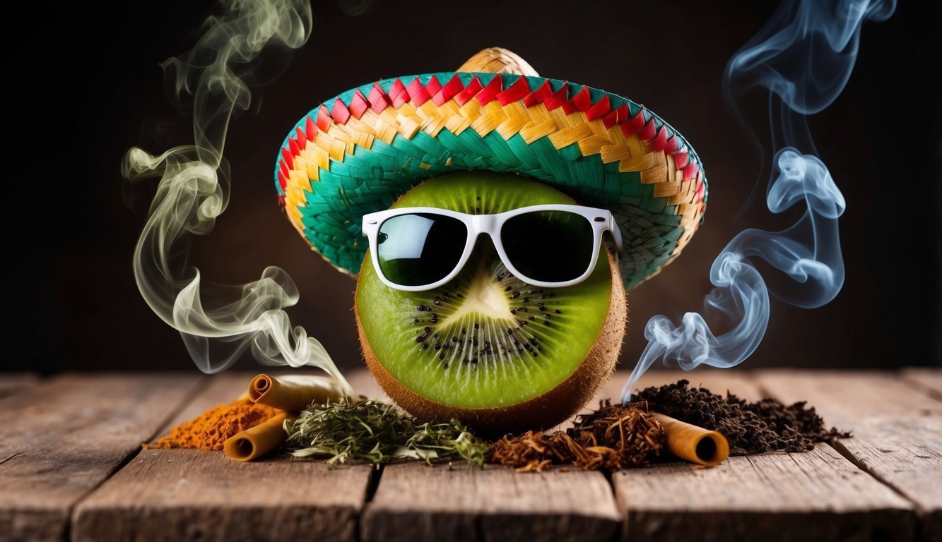 A kiwi fruit wearing a sombrero and sunglasses, surrounded by swirling fumes of various unusual scents, such as leather, grass, and tobacco