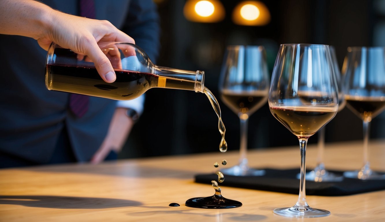 A hand swirls a wine glass excessively, spilling drops, as other glasses sit untouched on a table