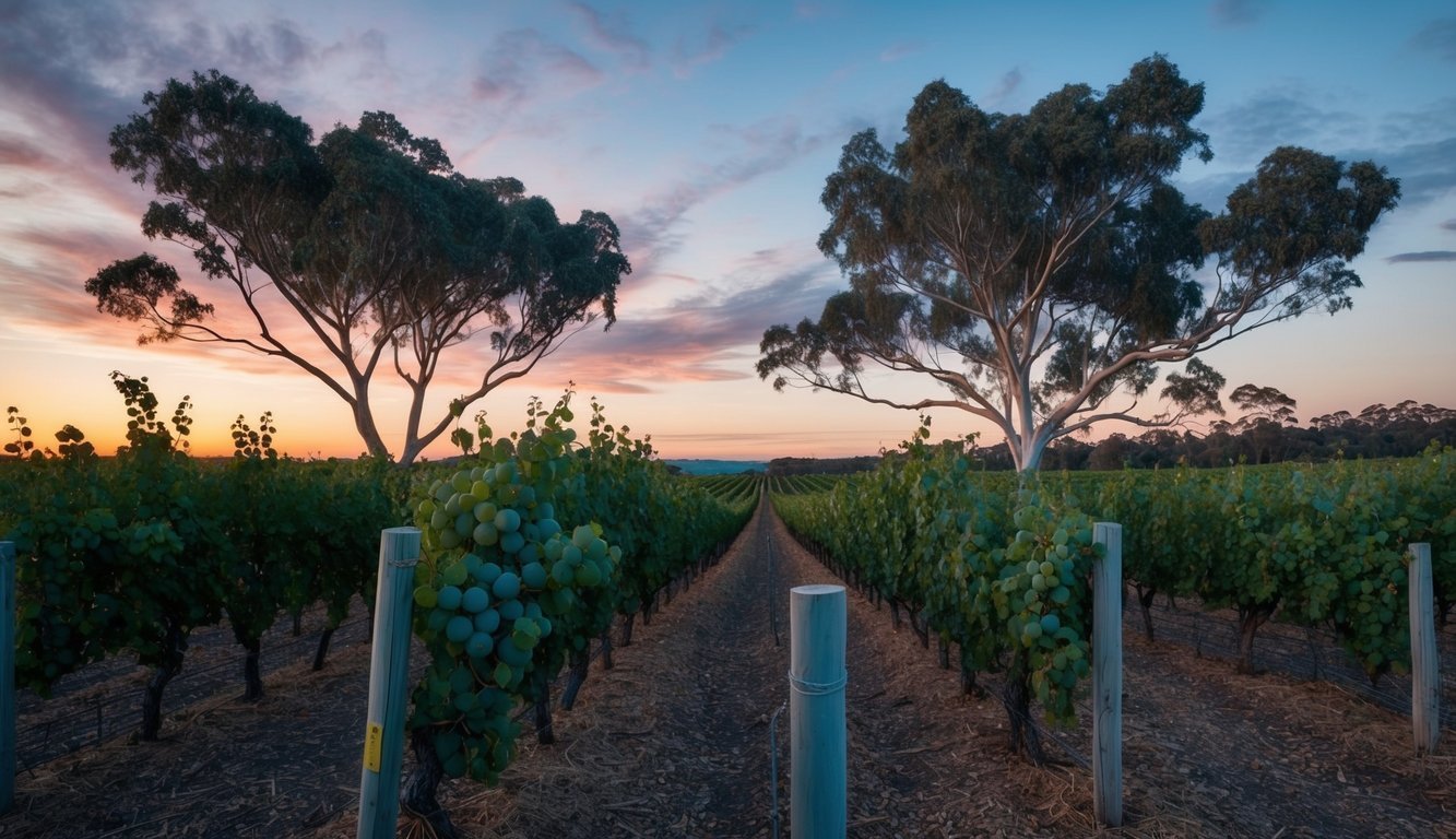 A vineyard at dusk, with eucalyptus trees surrounding rows of Pinot Noir grapes.</p><p>A surreal, dreamlike atmosphere with unusual, otherworldly colors and textures