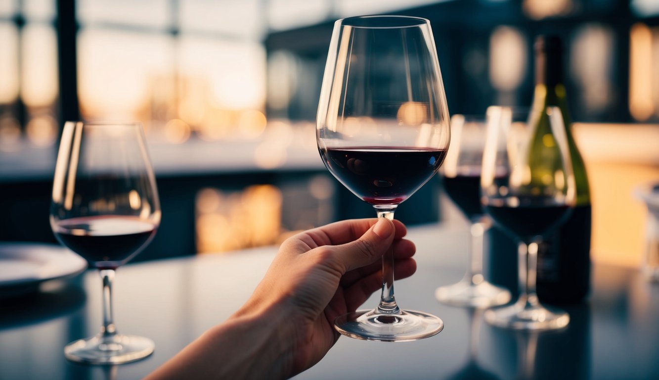 A hand holds a wine glass by the bowl, while other glasses sit nearby