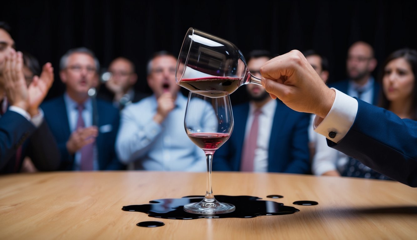 A wine glass being loudly slurped, surrounded by spilled wine and a disapproving audience