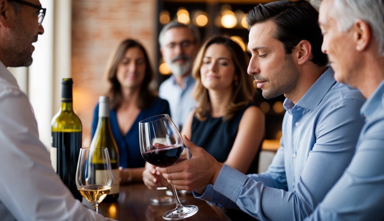 A person swirling and sniffing a glass of wine, while others watch and cringe at the sight