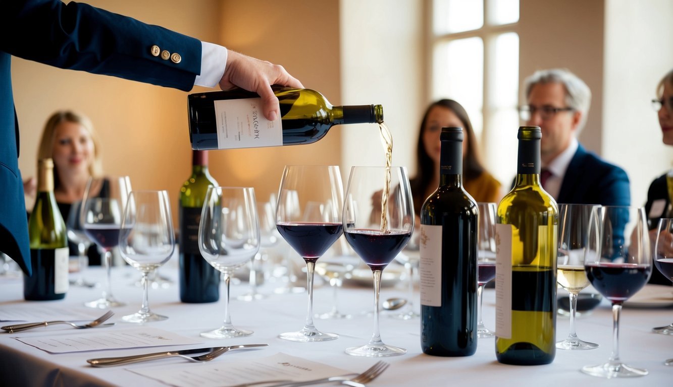 A table set with various wine glasses, bottles, and tasting notes.</p><p>A sommelier pouring wine into a glass while guests observe