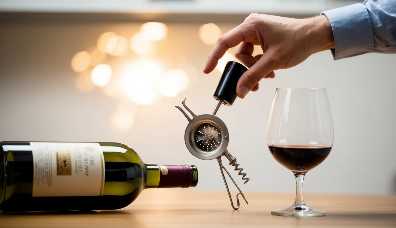 Wine bottle, corkscrew, and glass of red wine on a wooden surface