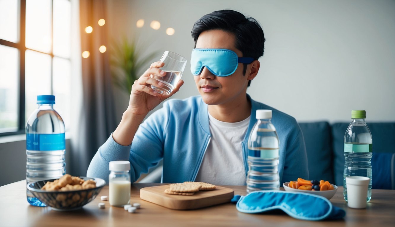 Man with sleep mask holding water glass, surrounded by healthy snacks