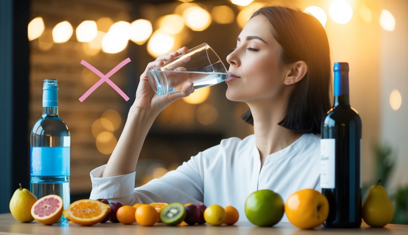 A person drinking a glass of water while surrounded by various fruits and a bottle of water, with a bottle of wine and a headache symbol crossed out