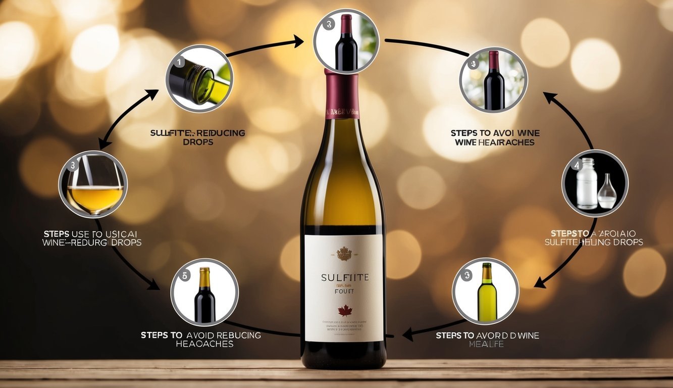 A bottle of wine with 8 steps circling around it, each step showing a different method to avoid wine headaches, including using Sulfite-Reducing Drops