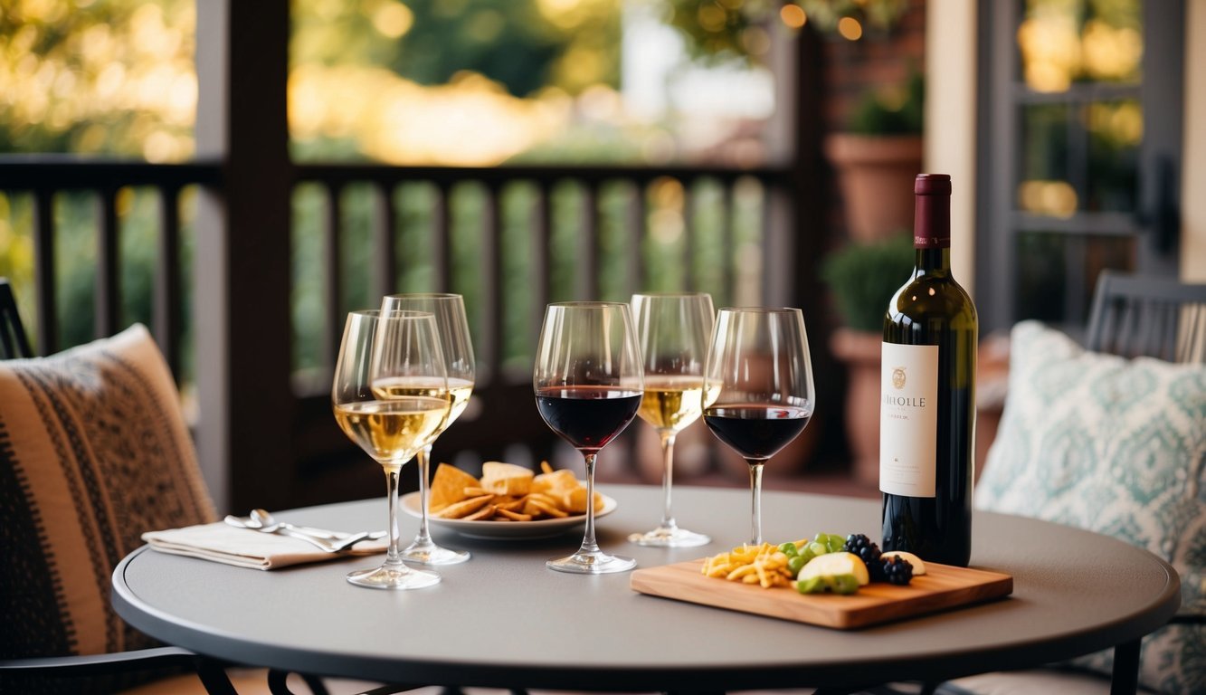 A cozy outdoor patio with a table set for wine tasting, featuring a variety of wine glasses, a bottle of wine, and a small plate of snacks