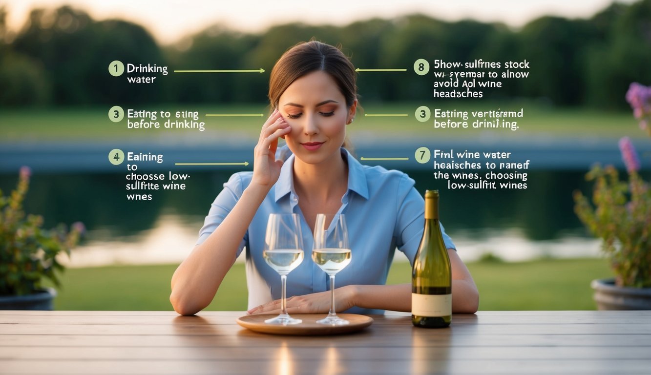 A serene scene of a person following 8 steps to avoid wine headaches, including drinking water, eating before drinking, and choosing low-sulfite wines