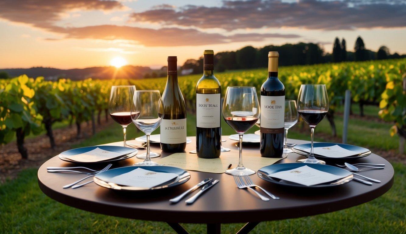Table set for dinner with wine bottles and glasses in a vineyard