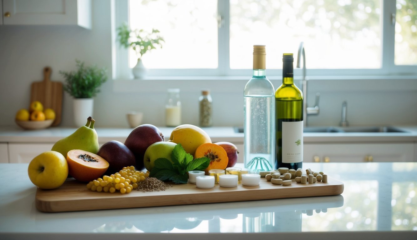 A serene kitchen counter with a variety of fruits, water, and herbal supplements arranged neatly alongside a bottle of wine