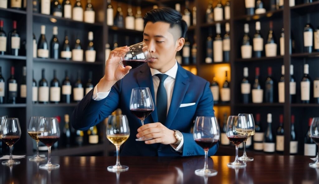 Man in suit tasting red wine with bottles in background