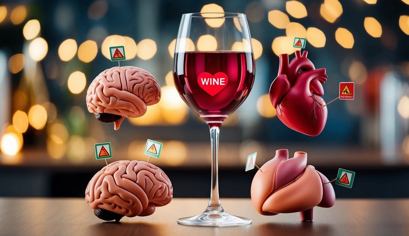 Wine glass with brain and heart models, warning signs