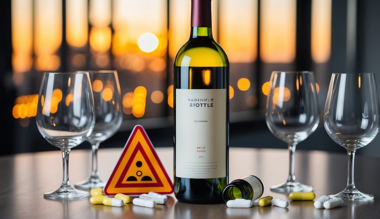 A bottle of wine surrounded by empty glasses, pills, and a warning sign