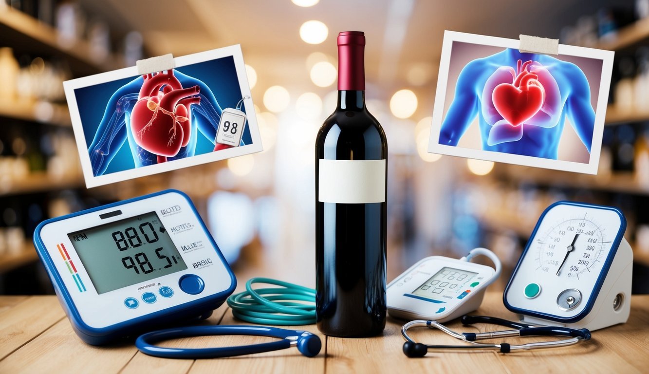 A bottle of wine surrounded by images of a heart, a cholesterol test, a blood pressure monitor, and a doctor's stethoscope