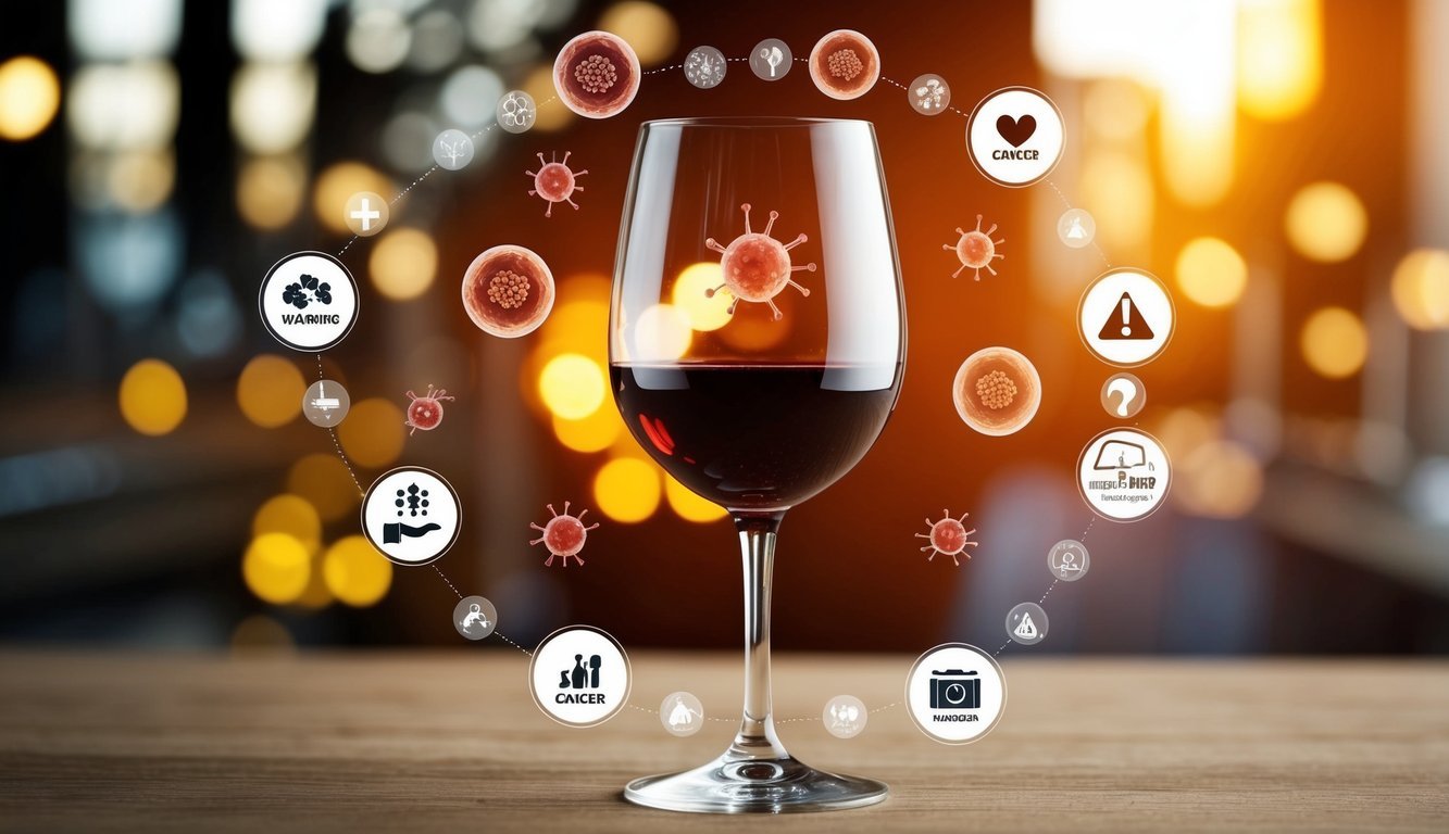 A wine glass surrounded by cancer cells, warning signs, and health risk symbols