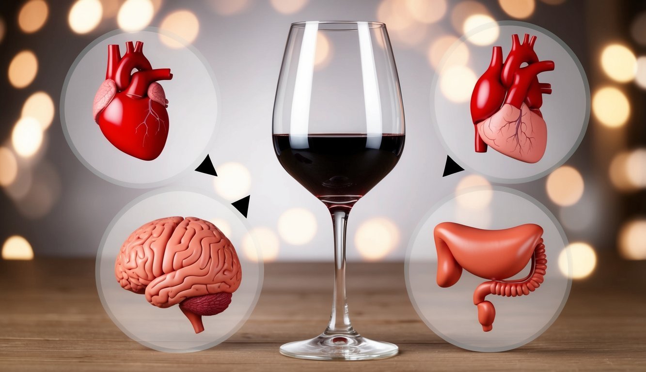 A glass of wine surrounded by images of heart, liver, brain, and stomach with warning signs